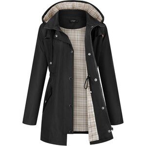 💫 Women Black Waterproof Trench Coat Outdoor Hiking Lightweight Hooded Raincoat